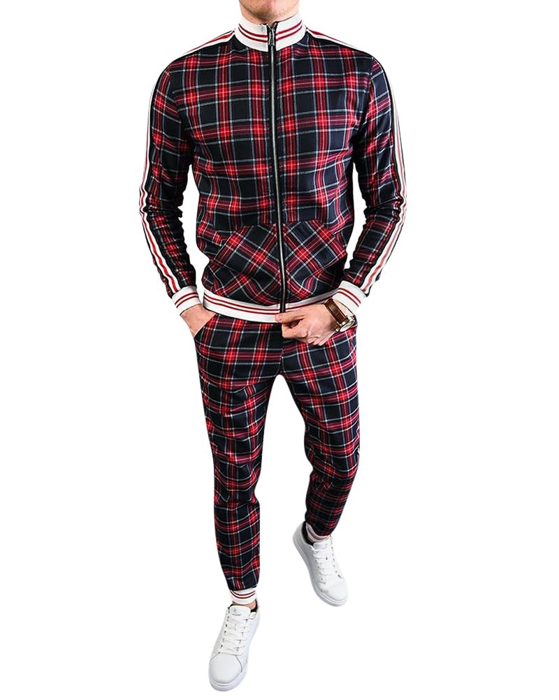 Tuta Sportiva da Uomo Maniche Lunghe Plaid Pattern Abbigliamento Casual con Cerniera e Tasca Slim Fit Sportive Giacche e Pantaloni della Tuta Plaid Sportivo Set Confortevole