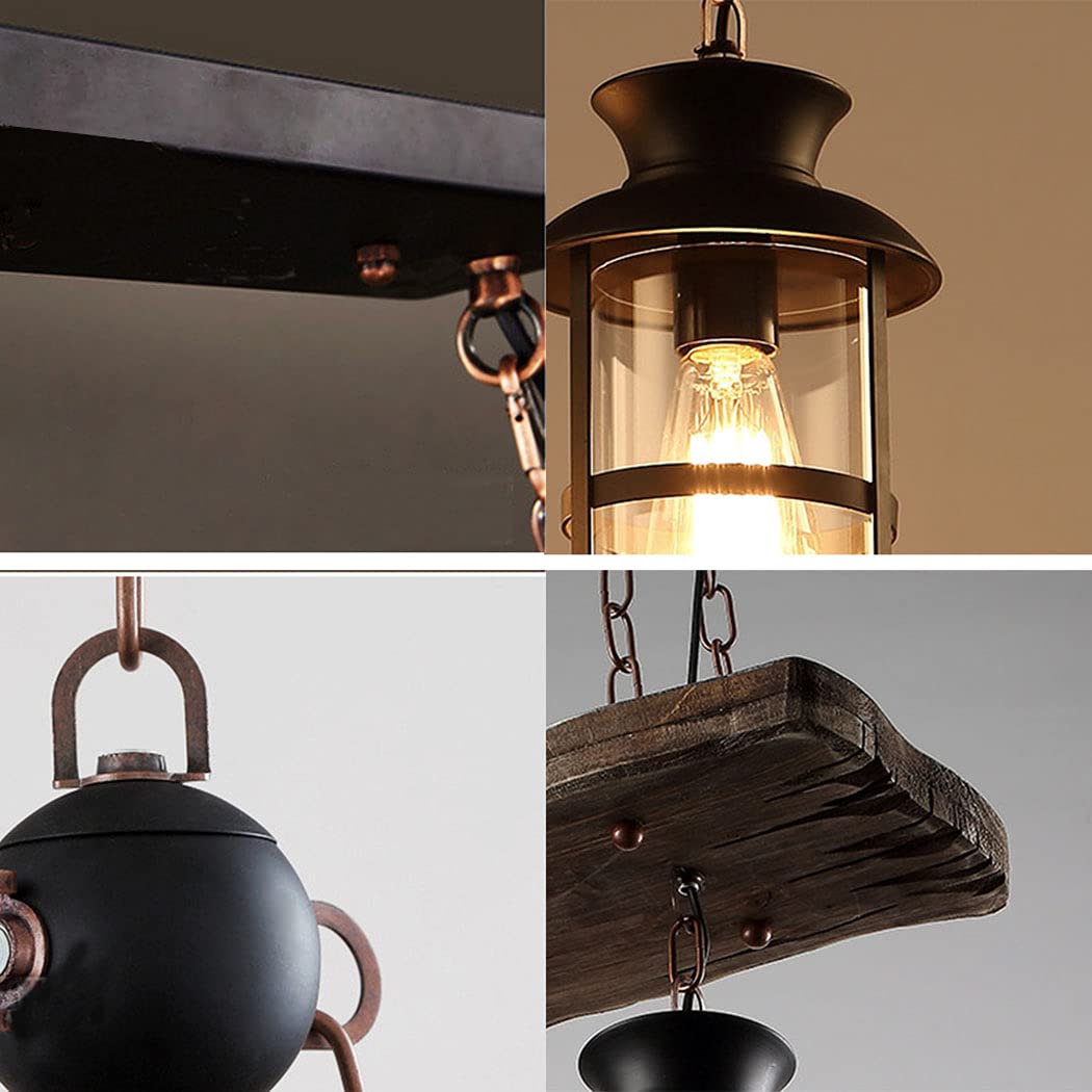 Drewniana lampa wisząca w stylu wiejskim, rustykalny drewniany przemysłowy żyrandol oświetlenie wyspy kuchennej, 2 światła, vintage czarny metalowy żyrandol wiszący, szklany klosz