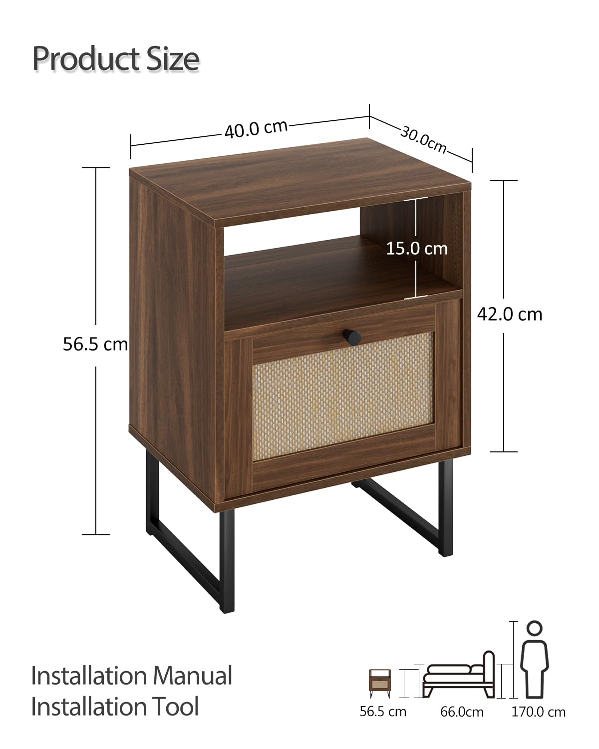 HEYZOEY Rattan Nachttisch,Moderner Boho Bauernhof Holz Nachttisch mit Schublade und offenem Regal,Kleiner Goldrahmen Beistelltisch für Schlafzimmer,Wohnzimmer,Büro(Braun)