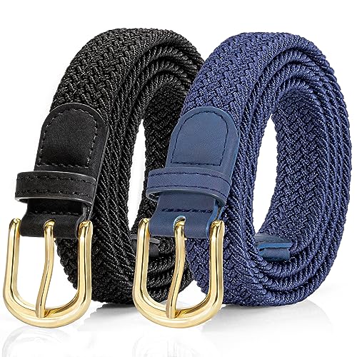 Alphyly Neries Thin Woven Braided Belt For Women, Elastic Golf Belt, Black And Blue, Fits Waist Size 28-36'