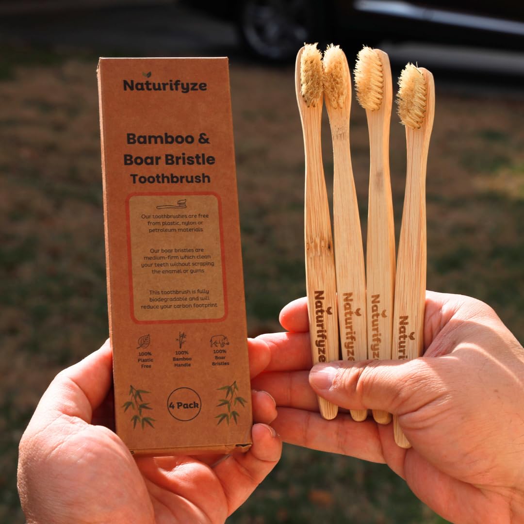 Cepillo de dientes de cerdas de jabalí y bambú (paquete de 4) - Cerdas auténticas de jabalí - Biodegradable - Sin plástico - Cerdas de bambú y jabalí