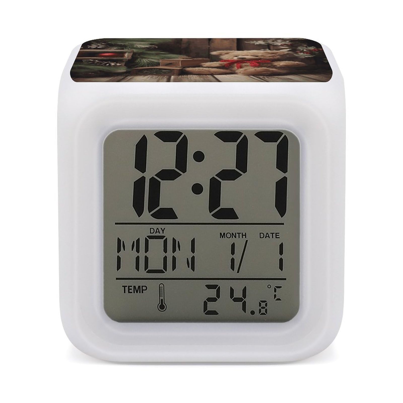 FekiLoot Xmas Tree Branch Bear Doll Alarm Clock with 7 Color Changing Night Light,Battery Operated Digital Clocks with Temperature Display Tiny Electric Clock LED Sleep Timer for Room Decor