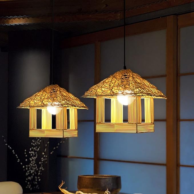 CSSYKV Bamboe Rieten Kroonluchter Plafond Retro Japanse Stijl Creatieve Wevende Bamboe Hanglamp Handgeweven Rotan Mand Decoratie Restaurant Decoratie Verlichtingsarmatuur E27 Voet Enkele Lamp CSSYKV