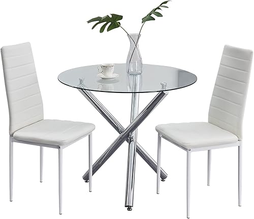 Paonne Juego de mesa de comedor redonda para 4, mesa de cocina redonda de vidrio y sillas para 4, mesa de 5 piezas con juego de sillas