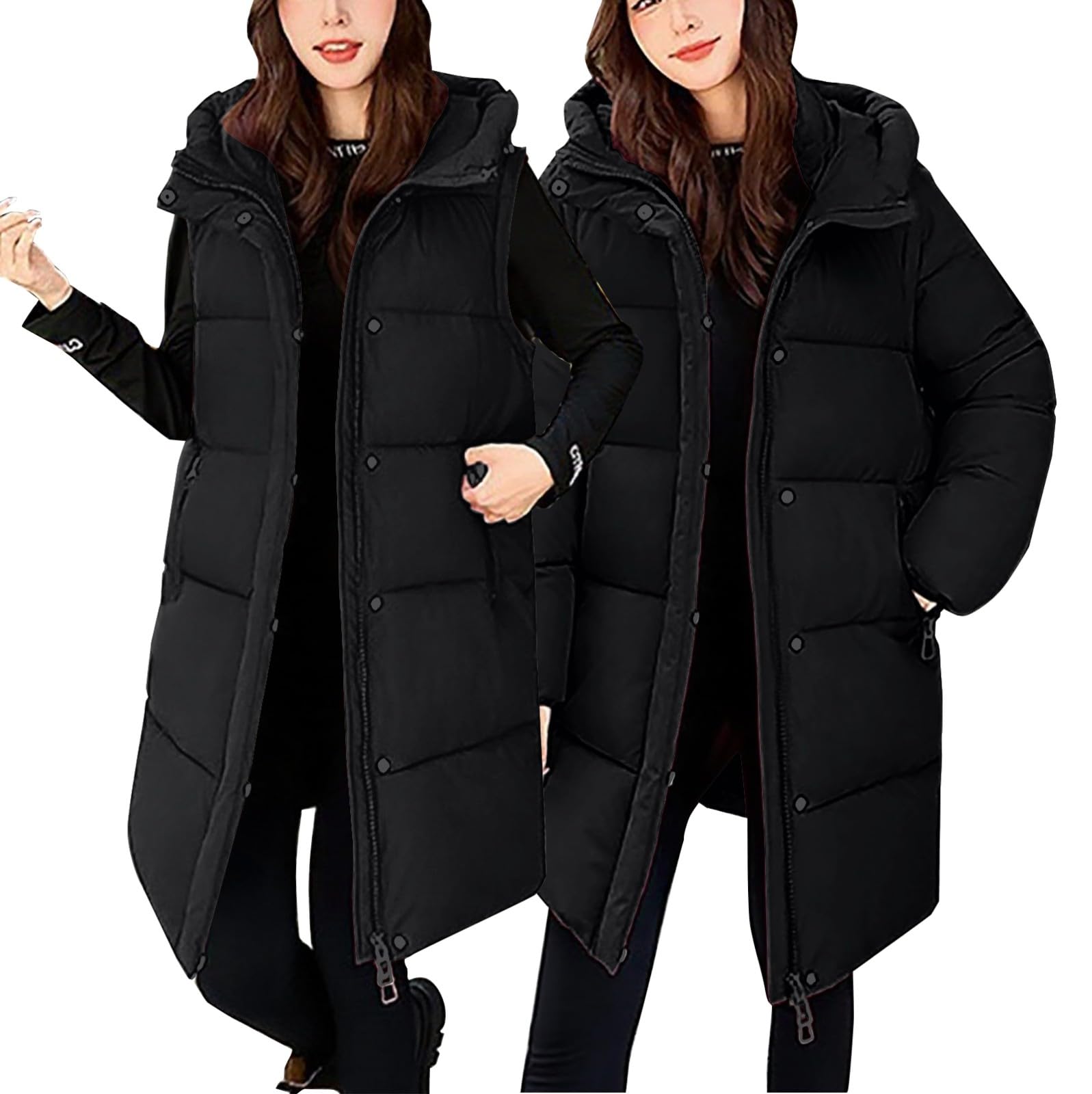 Giacche imbottite per le donne invernali di media lunghezza piumino cappotto con zip chiusura con bottoni cappotti caldi trapuntati giacca con cappuccio con maniche rimovibili Capispalla oversize