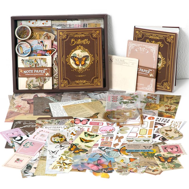 BetterJonny 162 Pcs Aesthetic Scrapbook Kit, Journaling Supplies Butterfly Theme Vintage Scrapbook Journaling with A6 Grid Notebook Washi Paper Stickers Art for DIY Arts Crafts Collage Decorative — image 1
