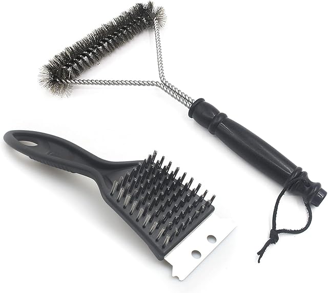 Fyfjur BBQ Cleaning Wire Brush, Bbq Cleaner, grill brush, BBQ Oven Cleaner, 2 in 1 Pointed Tail Wire BBQ Brush + Stainless Steel Curl Grill Brush Barbecue Cleaning Kit(Black)