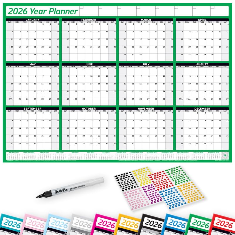 PlannerHead 2026 Laminated Wall Planner Calendar Chart Poster/Yearly Calendar 2026 / Grid Style 12 Months with Pen & 400 Stickers / 2027 Footnote Included/Green/Medium (35x49cm) โ image 1