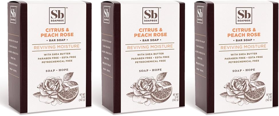 Soapbox Bar Soap, Moisturizing & Exfoliating Bar Soap with Shea Butter & Olive Oil, Citrus & Peach Rose Scented, Natural, Eco-Friendly, & Cruelty Free 5oz. (Pack of 3)