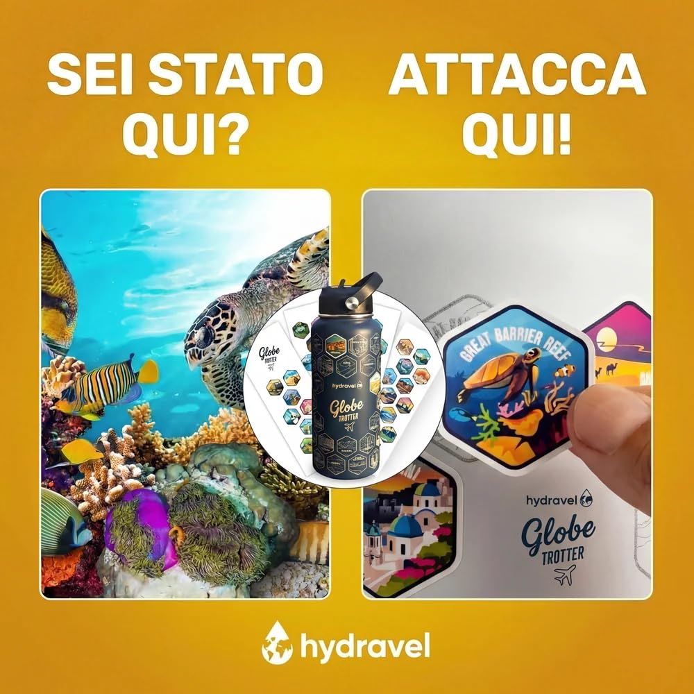 Borraccia Termica GLOBE TROTTER con 50 Adesivi dei Posti più BELLI del Mondo - Ottima Idea Regalo per Viaggiatori - 1 LT, Acciaio Inox, bevande Calde per 12h/Fredde 24h (Bianco) - 5