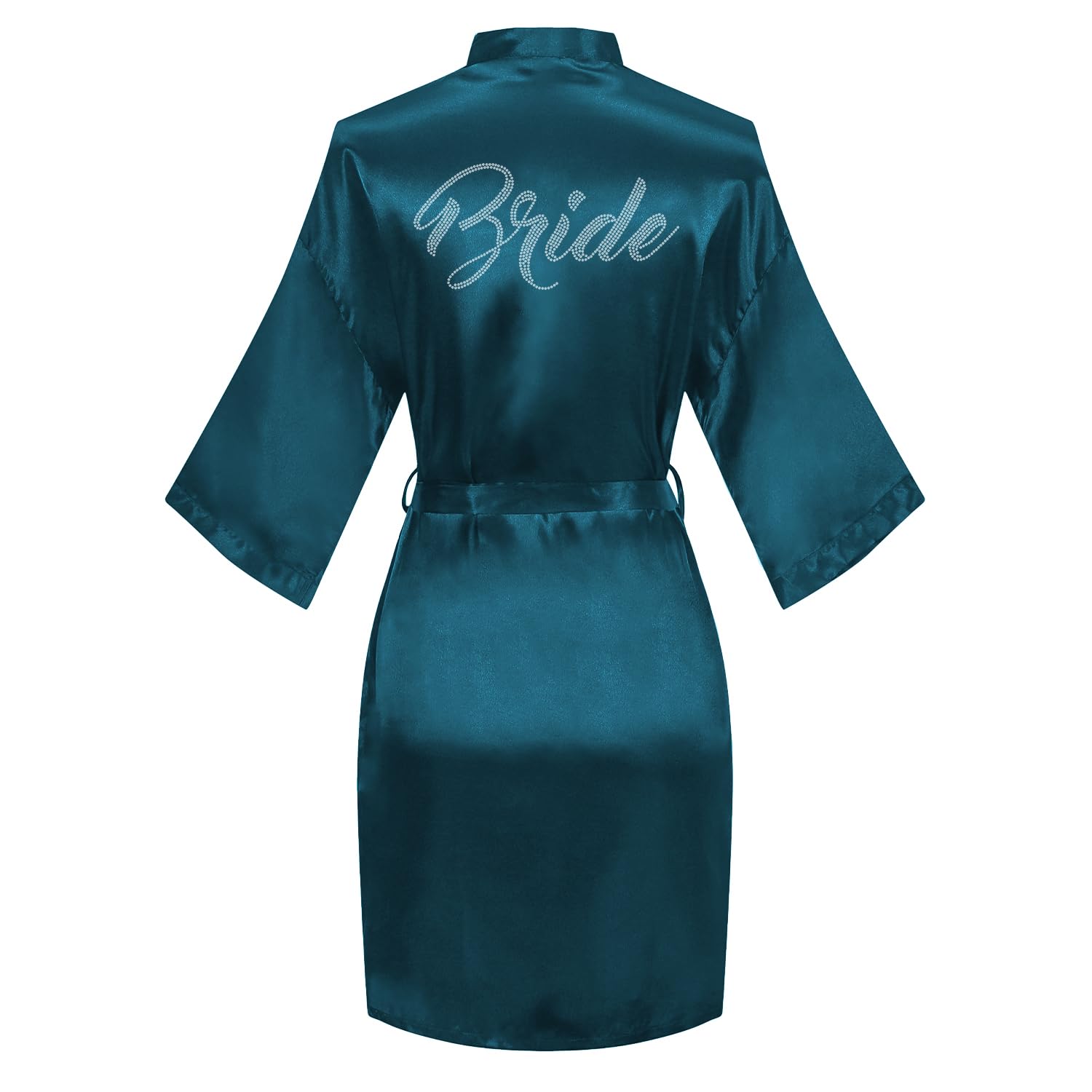 Women's Satin Robe Bride Bridesmaid Short Kimono Robes with Silver Rhinestones for Wedding Party Getting Ready