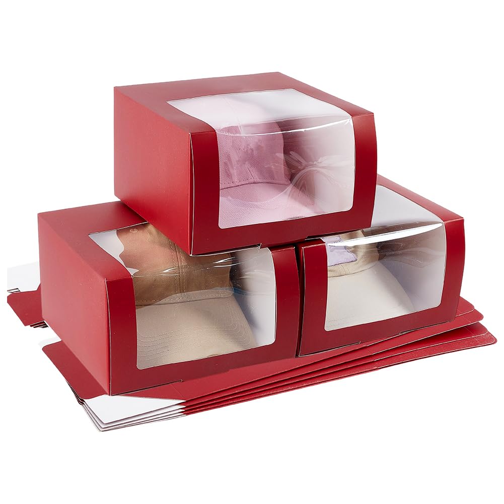 PH PandaHall 10pcs Gift Boxes with Window for Baseball Caps, 7.6x7.6x4.7 inch Hat Display Case Paper Organizer Box Red Hats Containter Paper Fold Box for Dad Hats Billed Cap Snapbacks Trucker