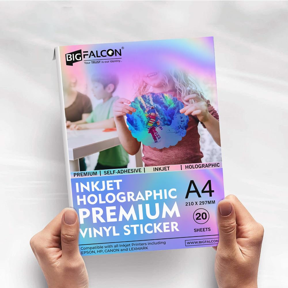 BIGFALCON® Premium Holographic Sticker Paper 20 Sheets A4 (8.5x11 Inch) – Printable Vinyl sticker paper for Inkjet Printer, Waterproof, Self Adhesive Rainbow Glossy Sticker Paper 4