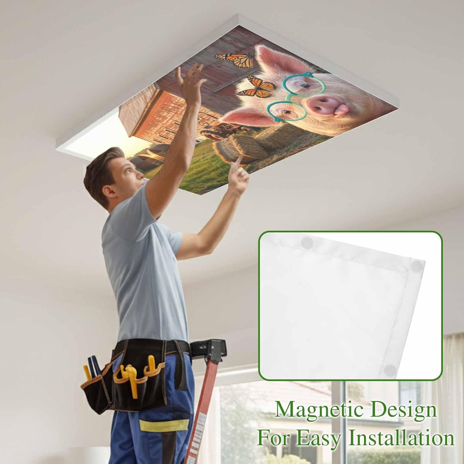 2x4 ft Fluorescent Light Cover for Ceiling Farm Pigs Butterflies Magnetic Light Filters, Countryside Funny Animal Ceiling Lampshades for Home School Office 4Pcs