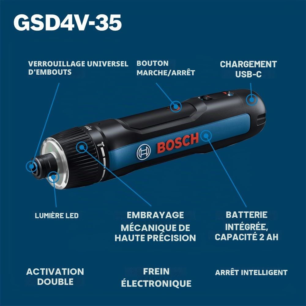 Bosch GSD4V-35 4V Max USB-C Tournevis rechargeable - Conception compacte, double activation, verrou universel pour embouts, 8 réglages de couple, lampe de travail LED