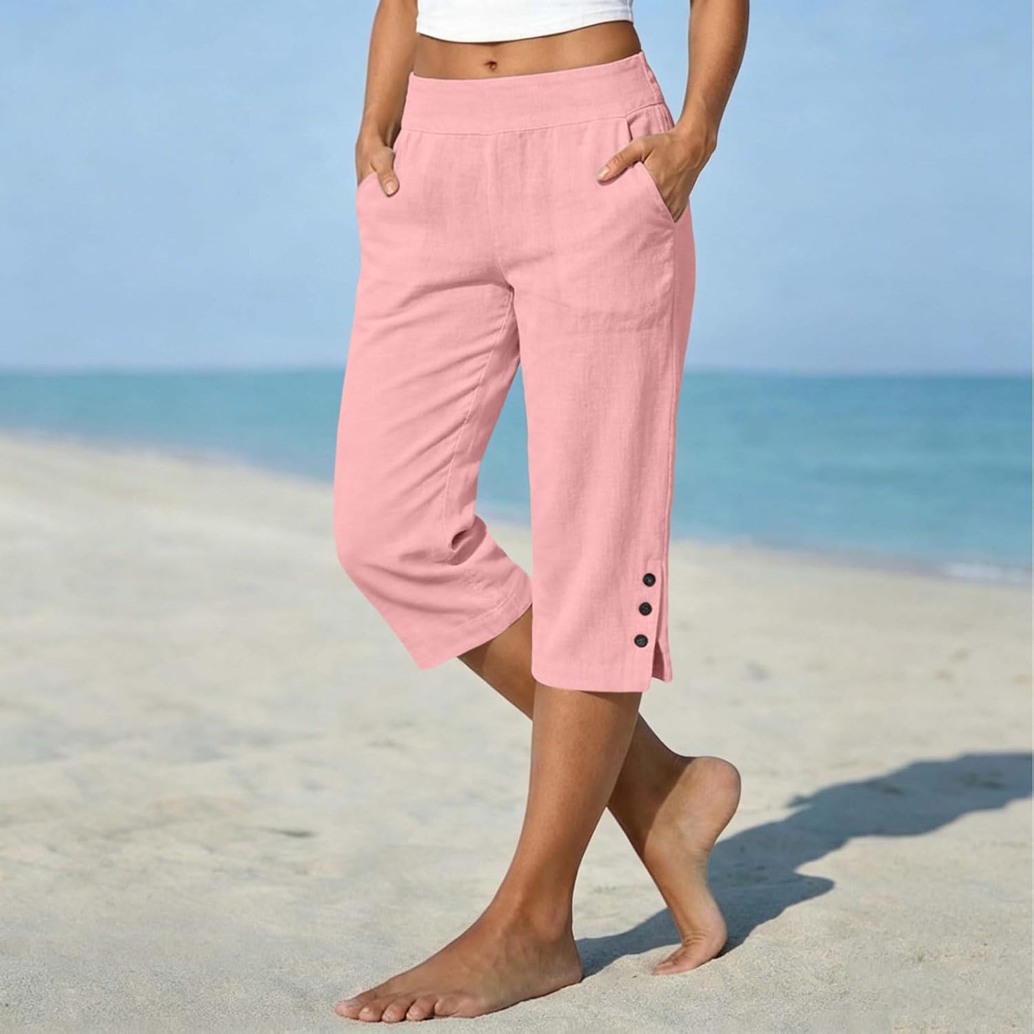 Cotton Linen Capri Pants for Women Petite Bermuda Shorts Knee Length Drawstring Pants Summer Beach Long Short