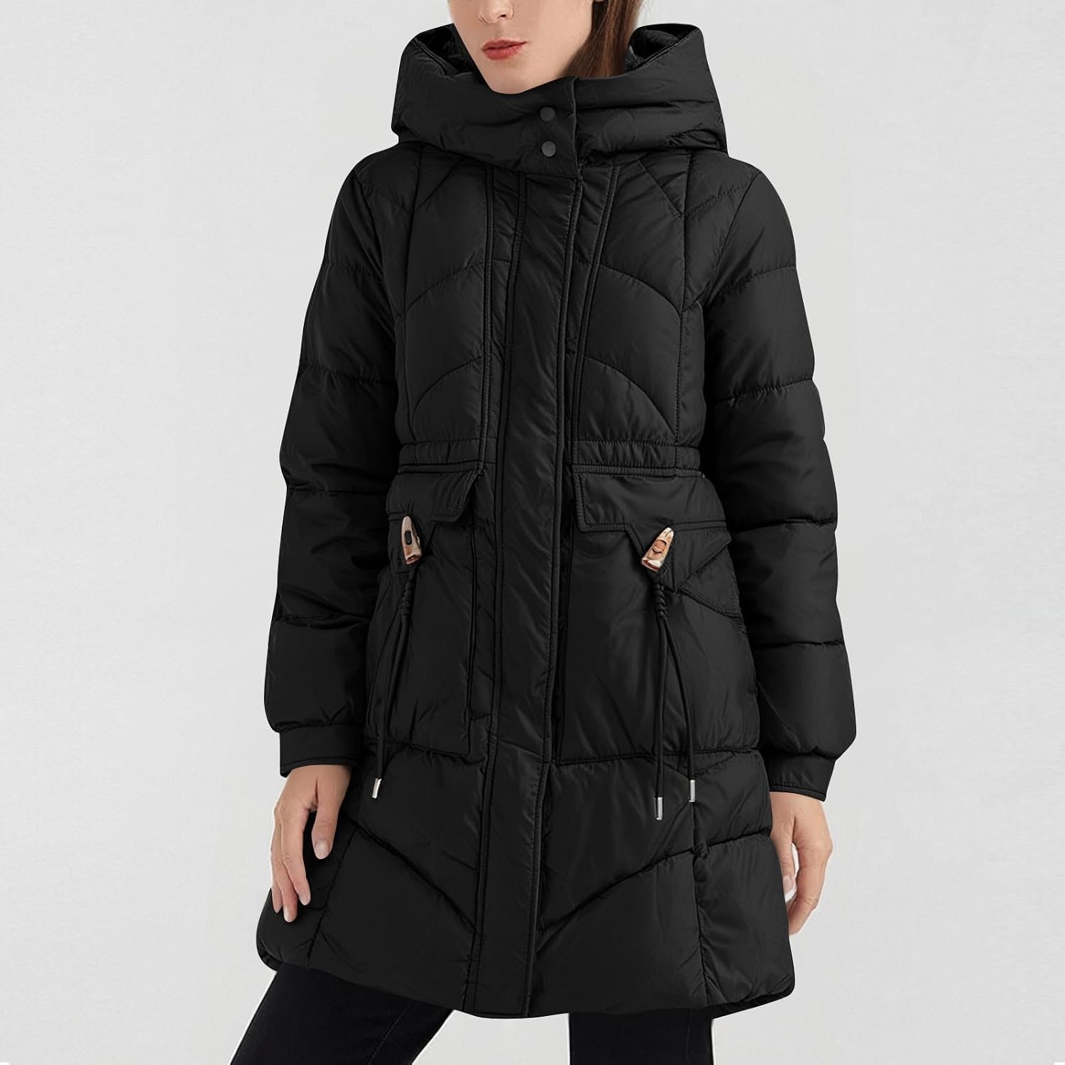 Women's Fashion Puffer Jackets 2025 Winter Warm Hooded Padded Quilted Coats with Pocket Insulated Outerwear