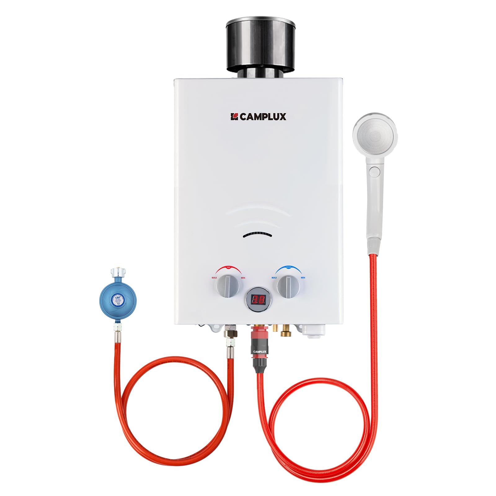 Camplux BW158C Calentador de agua instantáneo de gas con cubierta de lluvia, Tankless LPG Calentador de agua portátil 6 l, 12 kW, 50 mbar, para camping, ducha de caballos