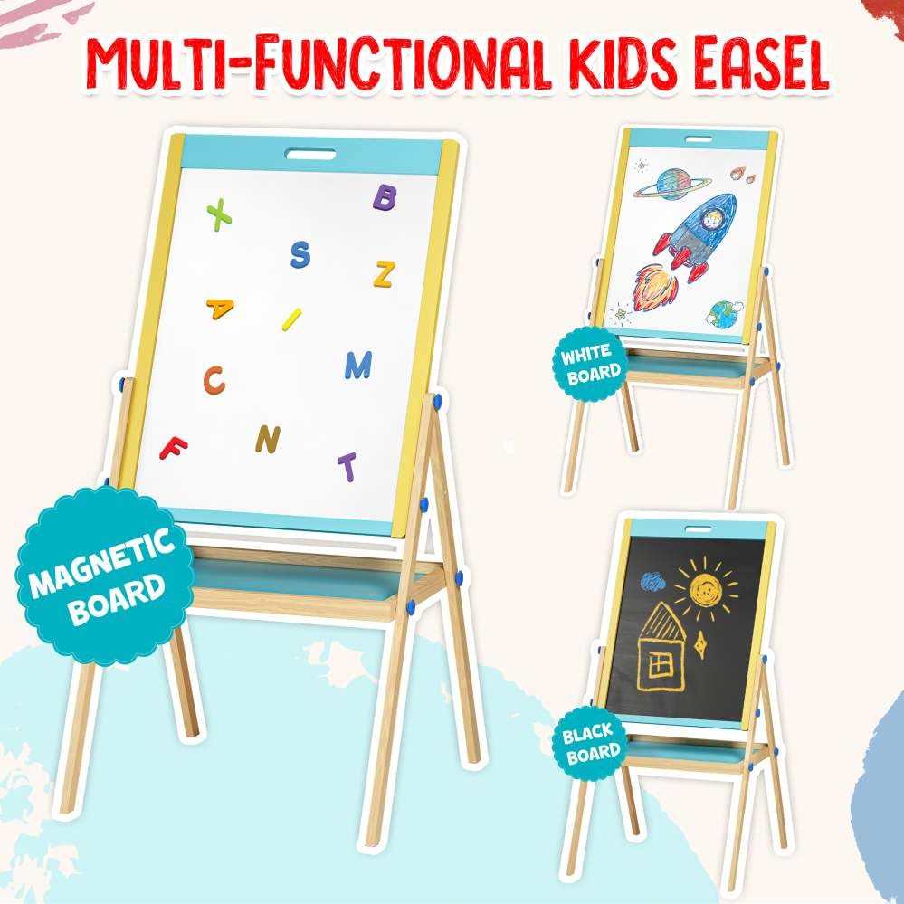 Image of Spartan Kids Wooden Easel Board for Kids 3-in-1 Whiteboard,Blackboard & Drawing Board for Kids | Montessori Toys for 3-10 Year Old, Reversible Board, Magnetic Alphabet Set Included