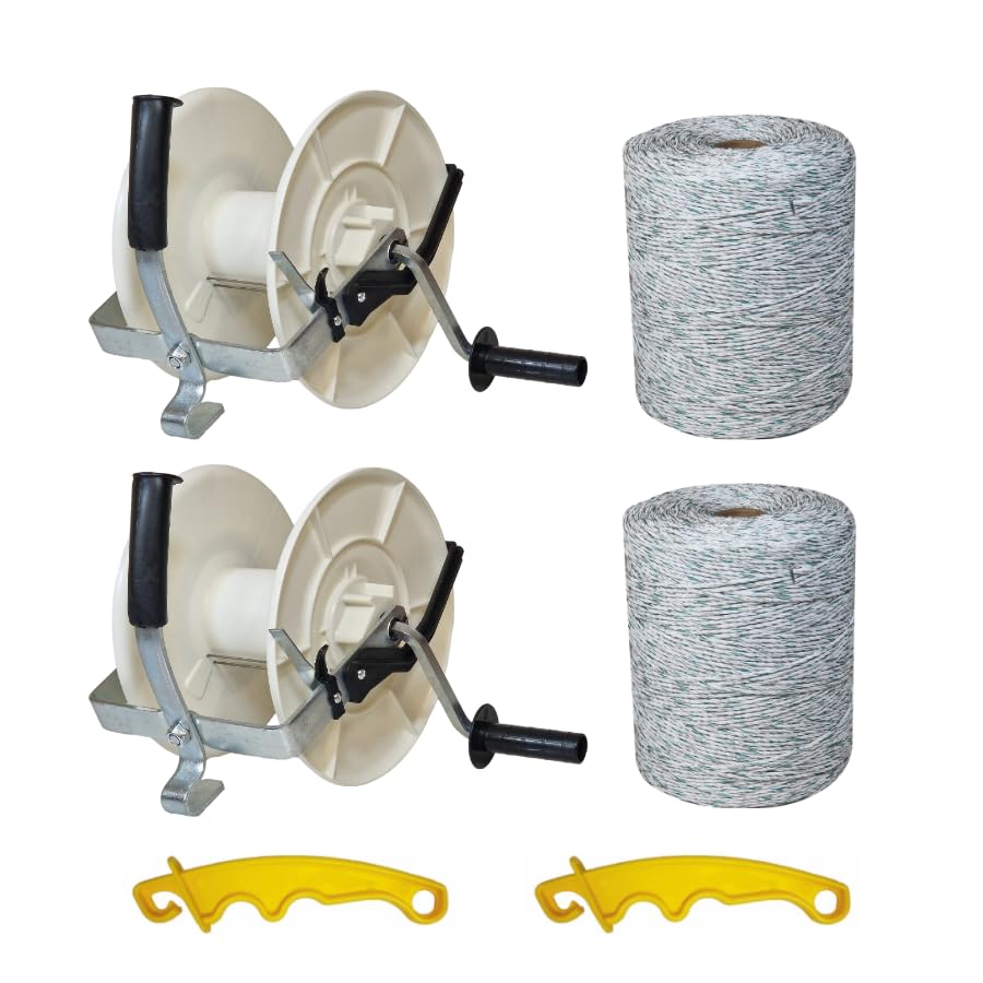 Kit de carrete engranado y valla eléctrica de alambre de 500 m, carrete aislado 3:1 con rollo de alambre de polietileno de 500 m y mango de agarre aislado (carrete de engranaje de 500 m (par))