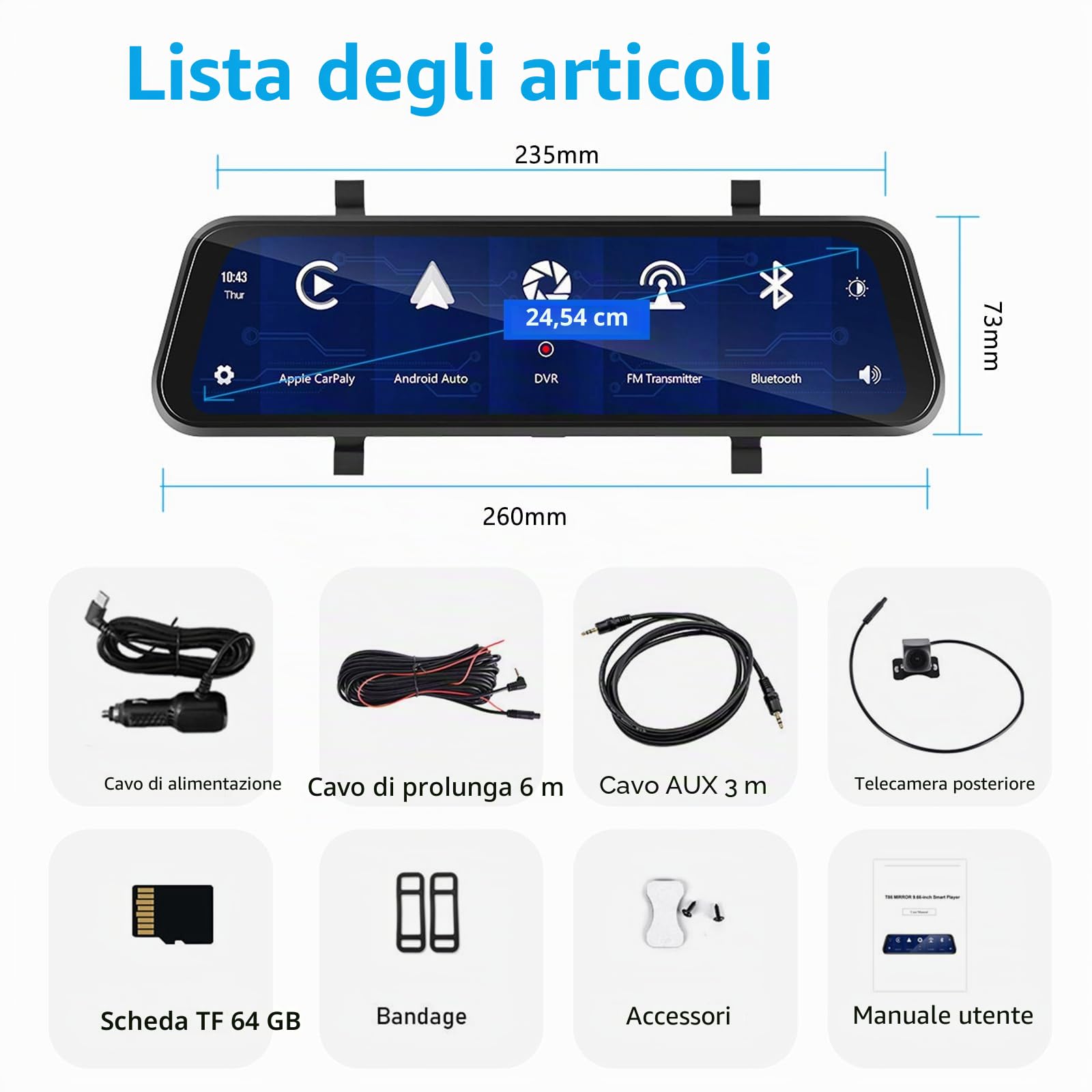Podofo Specchietto Retrovisore Dash Cam 9.66" IPS Touch Screen Con Wireless Carplay, Android Auto, Dual 1080P Dashcam, 2 Schermi Divisi