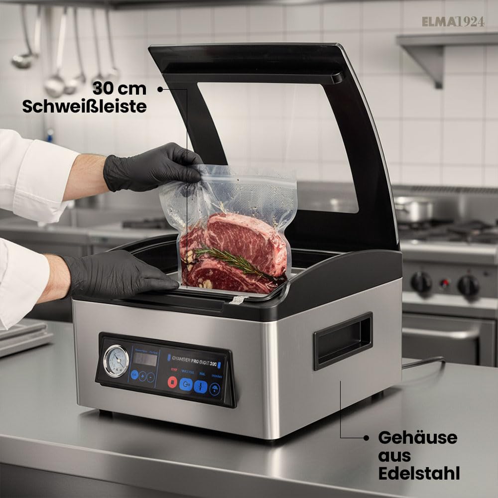 ELMA Kammervakuumierer Profi 350W | Vakuumiergerät Gastro Edelstahl | 30 cm Schweißbalken, 60 l/min, -0,95 bar | Für Flüssigkeiten geeignet | Restaurant, Hotel, Catering