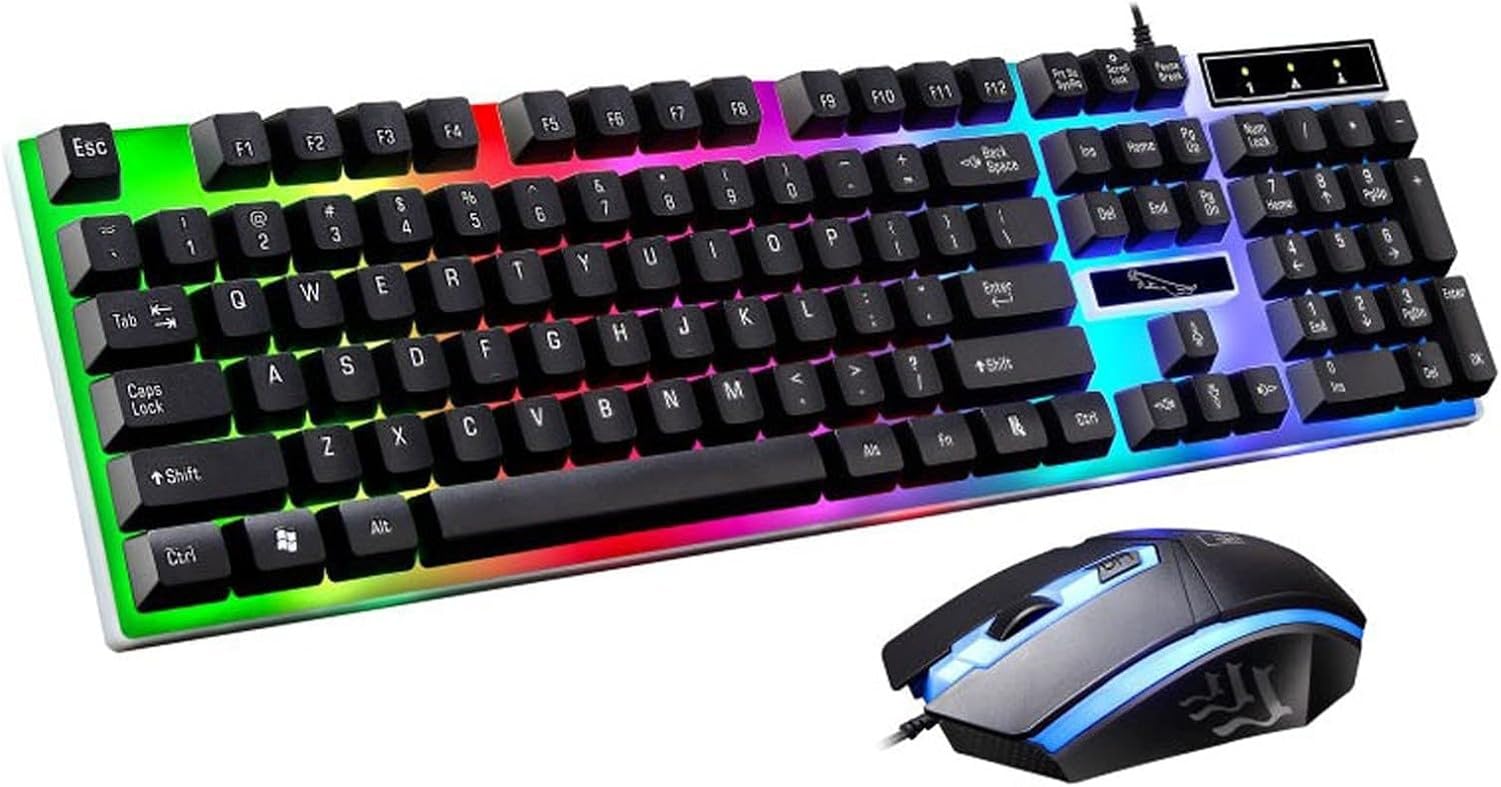 XIUNYIE Wired LED Backlit Ergonomic Gaming Keyboard and Mouse Set, Mechanical Keys USB Keyboards for PC Gamers, Gamer Slim Mouse Combo Black White