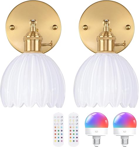 Miniatura 21 de Candelabro de Pared Vintage Operado por Batería con Linda Lámpara de Vidrio Transparente de Tulipán, Luz de Pared Recargable Inalámbrica Alimentada