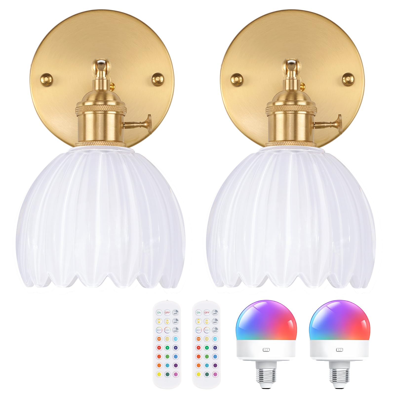 Vintage Battery Operated Wall Sconce with Cute White Tulip Glass Lampshade Wireless Rechargeable Battery Powered Wall Light with Remote Control for Bedside Bedroom Doorway, Set of 2