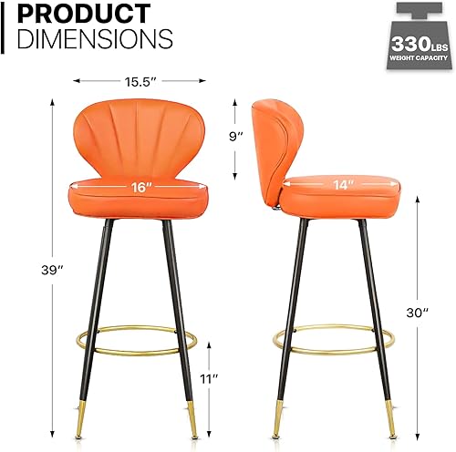 Miniatura 3 de MoNiBloom Taburetes de bar modernos, elegante juego de 2, sillas naranjas de altura de mostrador con reposapiés dorado, tapizados de piel sintética