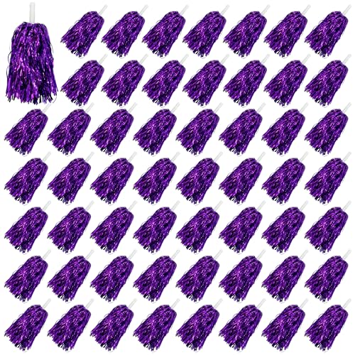 54PCS Cheerleading Pom Poms Metallic Foil Plastic Pom Poms with Baton Handle for Game Sports (Purple)