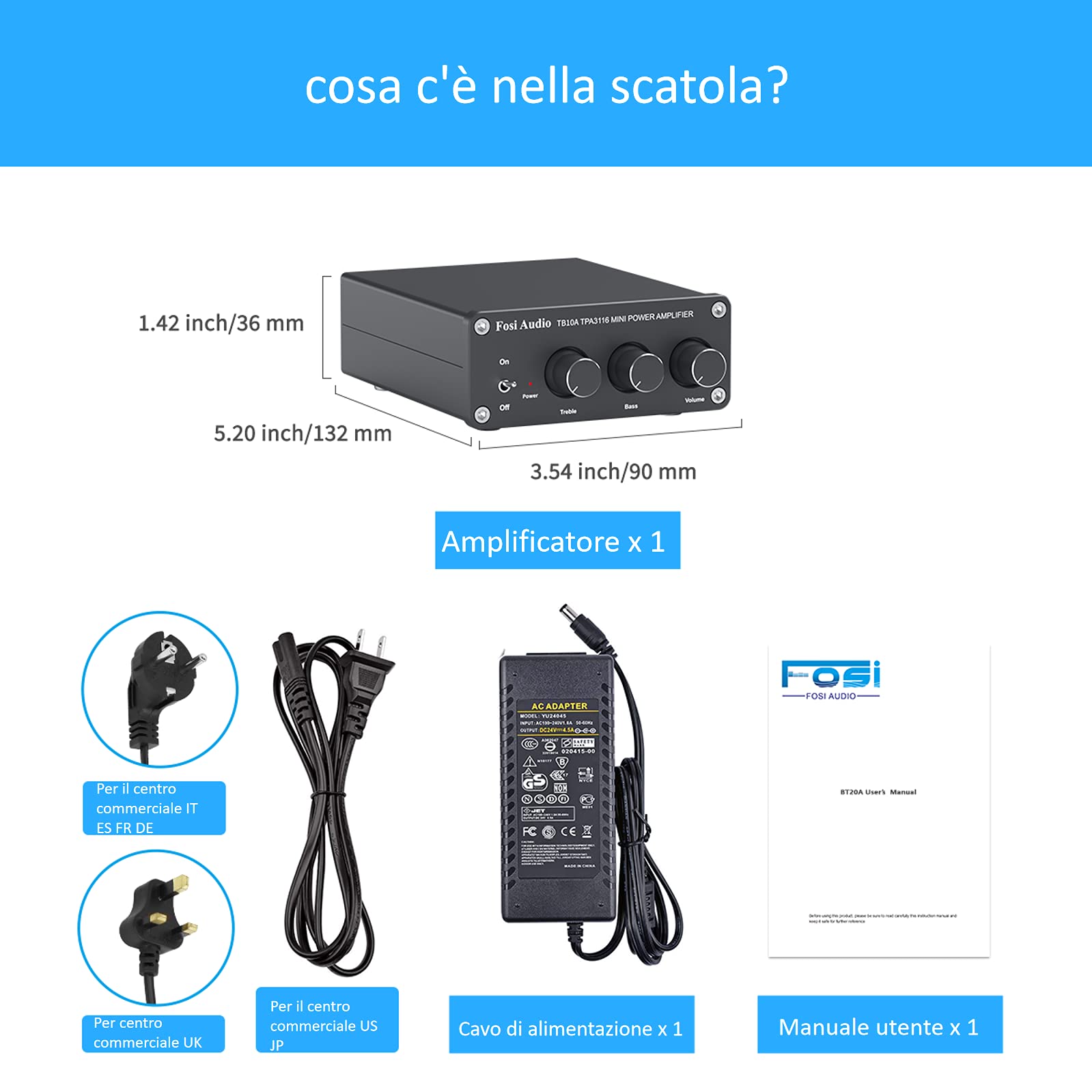 Fosi Audio TB10A Amplificatore Audio, Due Chip TPA3116, 100Wx2, Mini Amplificatore HiFi Stereo, 2.0 Canali, con Controllo dei Bassi e Degli Acuti, Amplificatore di Potenza Classe D, per Home Theater