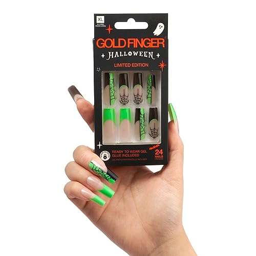 Miniatura 3 de Gold Finger - 24 uñas postizas de Halloween, uñas postizas largas cuadradas a presión, pegamento en uñas espeluznantes fantasma, araña, calabaza,