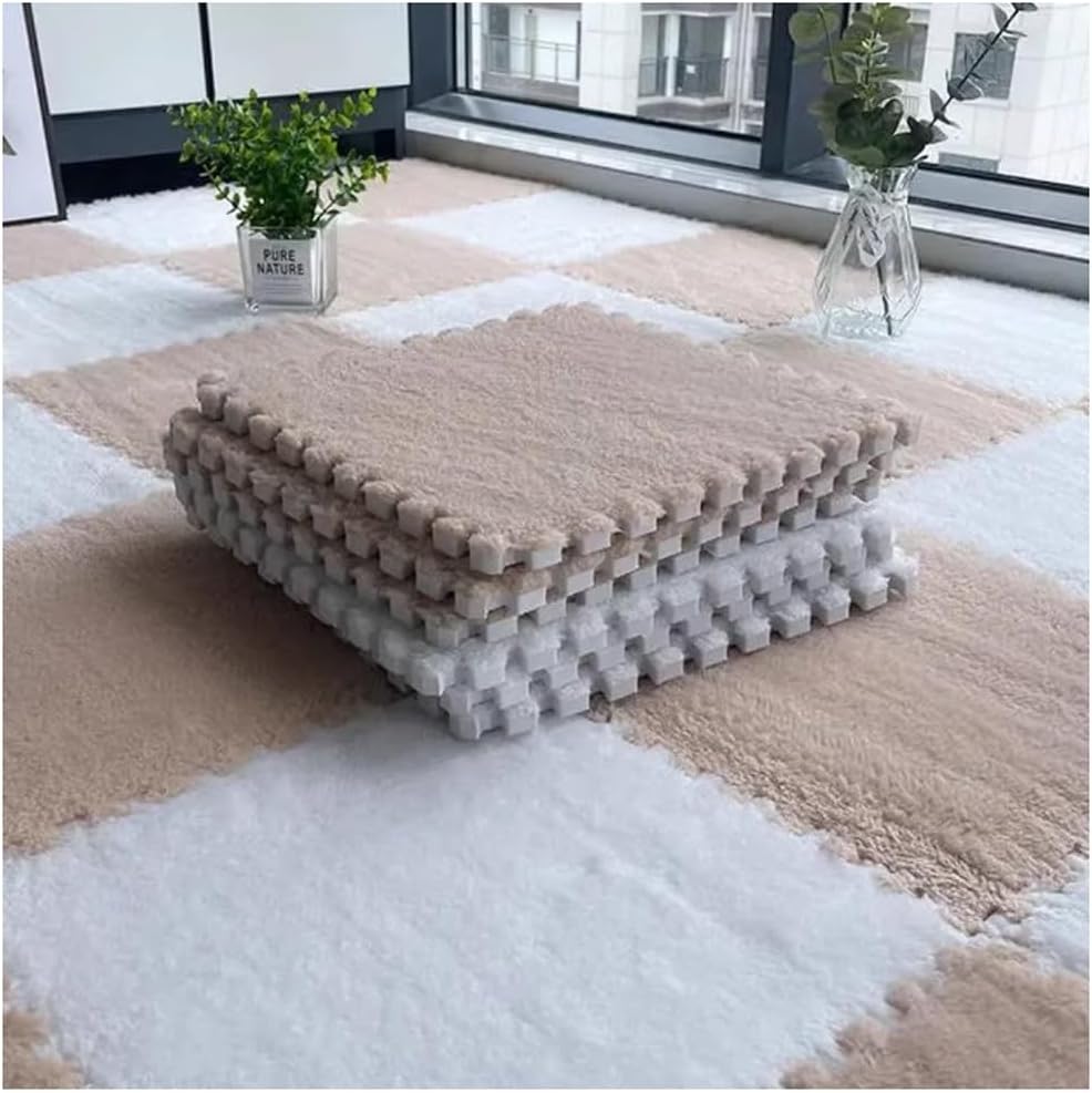 10pcs DIY Spliced Plush Carpet Bedroom Living Room Can Be Cut Foam Floor Mat Household Multi-Purpose Decoration Supplies(White+Light Brown,4 pcs)