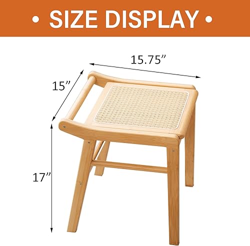 Miniatura 3 de Tiita Taburete de tocador – Taburete de maquillaje cuadrado de ratán, moderno sillón de bambú, taburete otomano rectangular para dormitorio, sala de