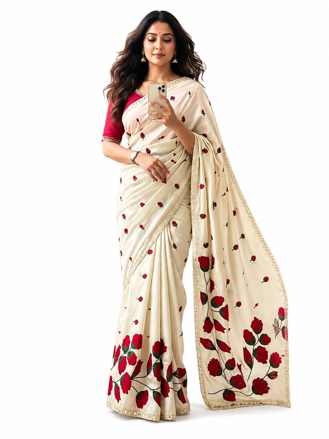 Soft Rangoli Silk Saree for Women with Embroidery Work, Real Mirror Work & Cut Work Border | Designer Floral Saree with Contrast Blouse | Wedding & Festive Saree-picture-44