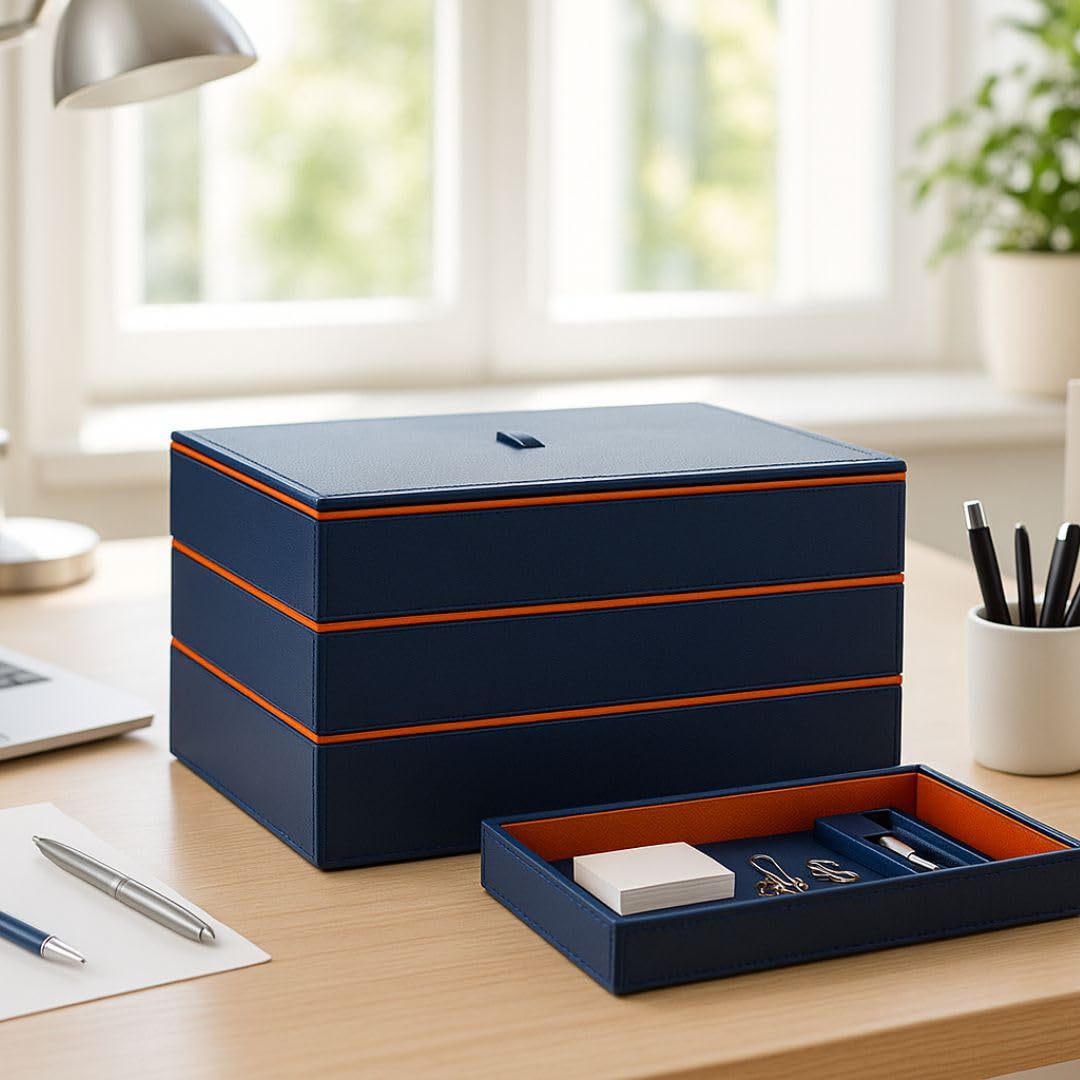 CASA BOTANICAL Desk Leather Organizer 3 Tray Set With Compartments Stylish | Perfect For Jewellery Organizer, Office,Table,Bedside Tray, Cosmetic, and Decoration | Blue Multi-Functional Storage
