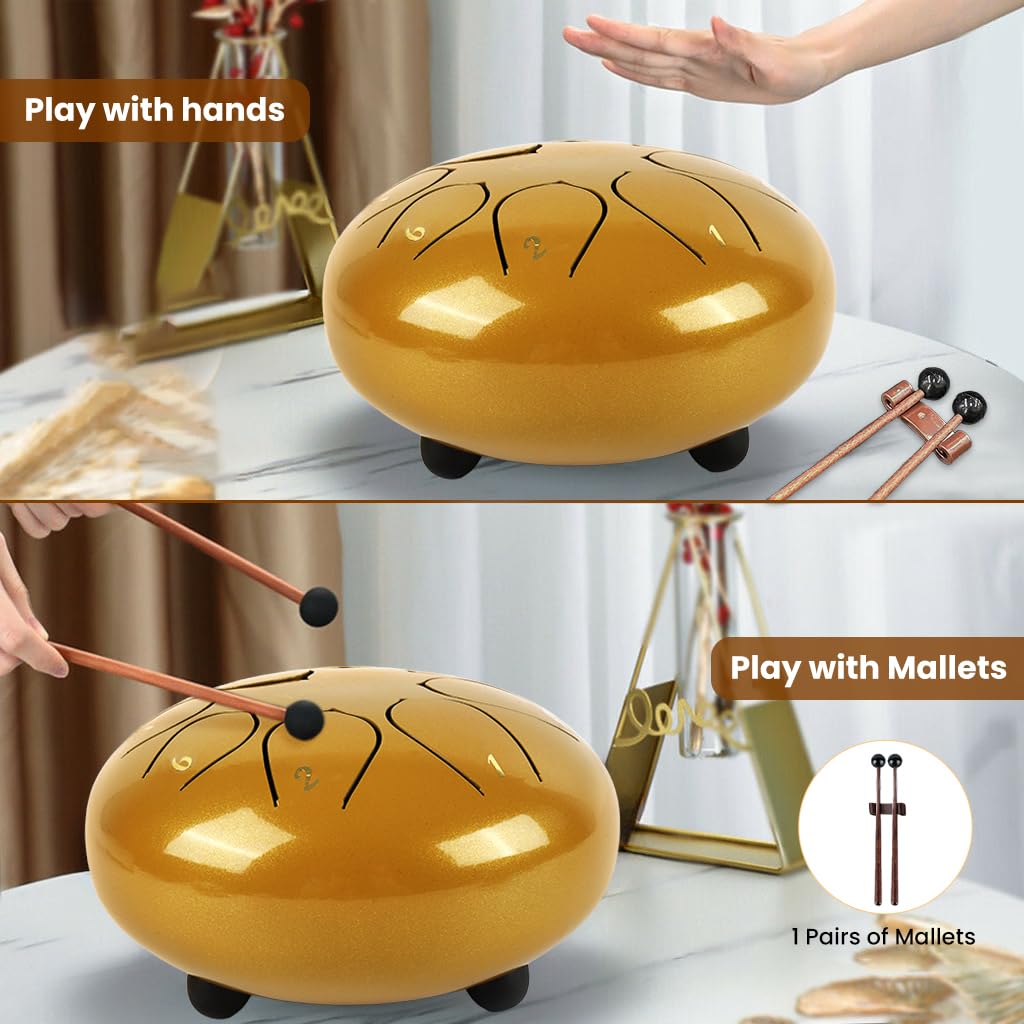 HASTHIP® 6-inch Steel Tongue Drum 8 Note, Percussion Instrument Handpan Drum with Bag, Music Book and Mallets for Kids and Adults Meditation Musical Education Concert Mind Healing Yoga (Gold) 3