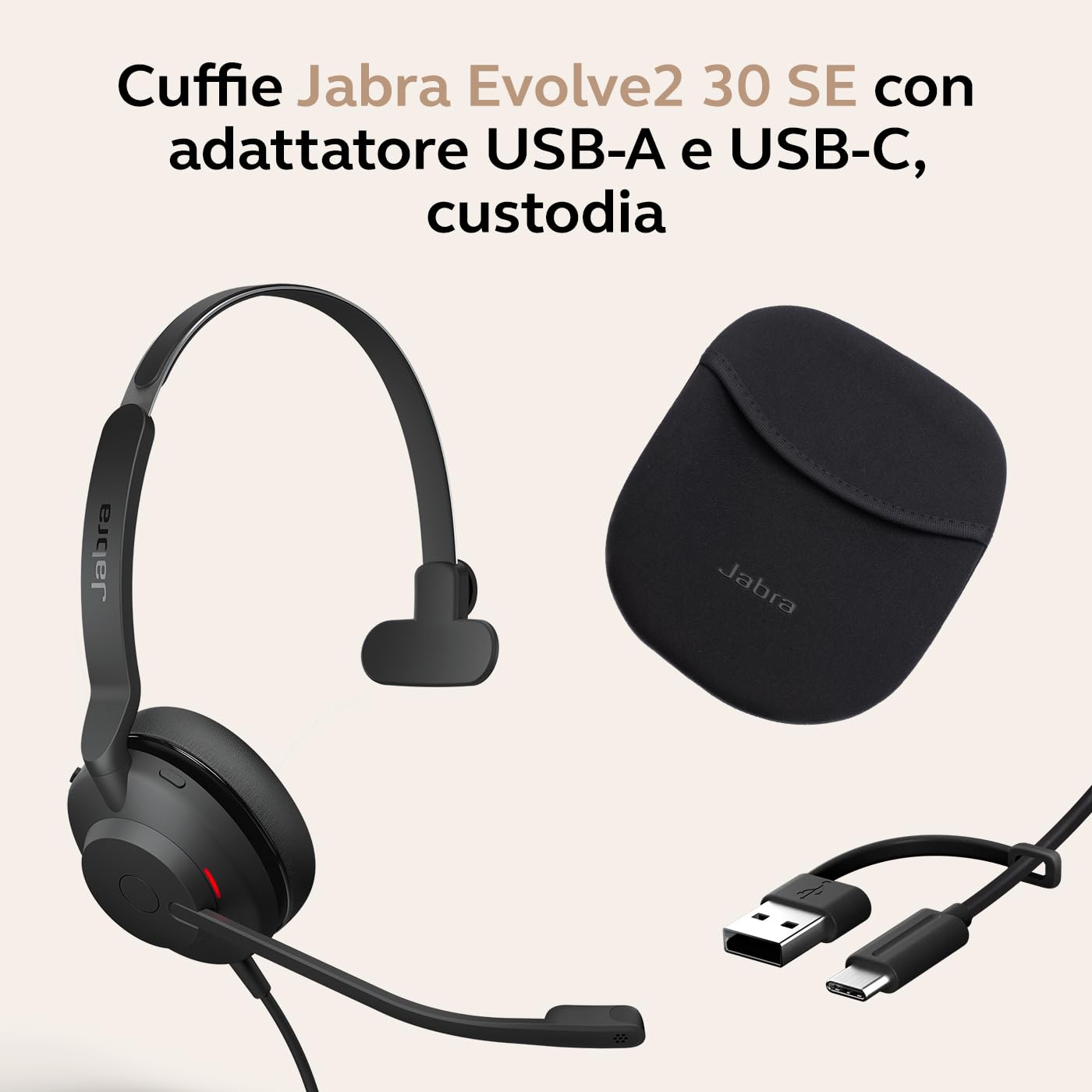Jabra Evolve2 30 SE – USB-A/USB-C – Mono auricolare con filo certificato per Microsoft Teams