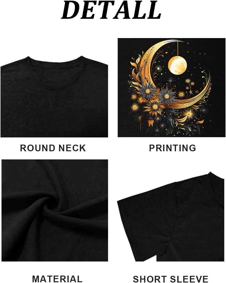 Women Mystical Sun and Moon Shirts Vintage Wildflower T Shirt Hipped Graphic Tees Short Sleeve Vacation Tops - Image 6