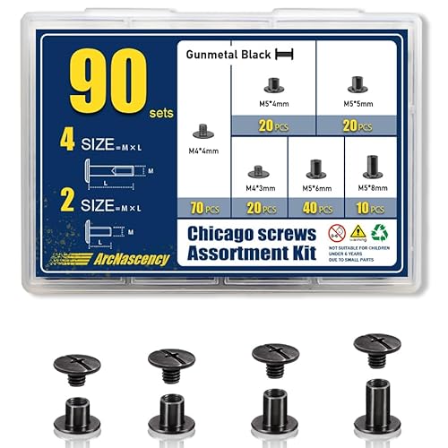 ArcNascency 90 Sets Gunmetal Black Chicago Screws Leather Rivets Kit, 4 Sizes (M5*4,5,6,8) & 2 Screw Lengths (M4*3,4) for Belts, Bookbinding, DIY Leather (Gunmetal Black)