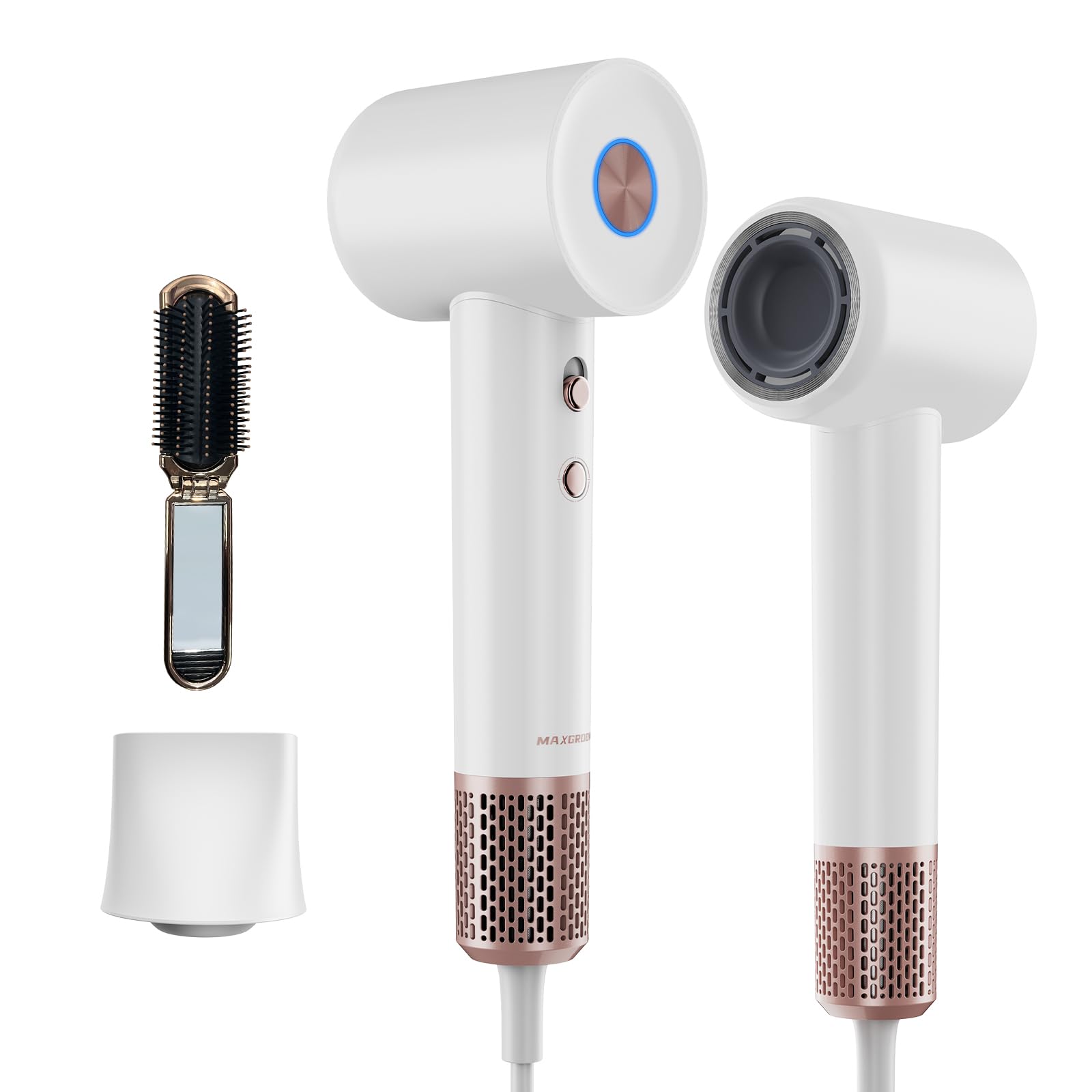 MAXGROOM Secador de Pelo, 110000 RPM Motor de Alta Velocidad Secador Iónico Negativo para Secado Rápido, Bajo Ruido Secador de Pelo Profesional-con Difusor y Peine Plegable, Blanco