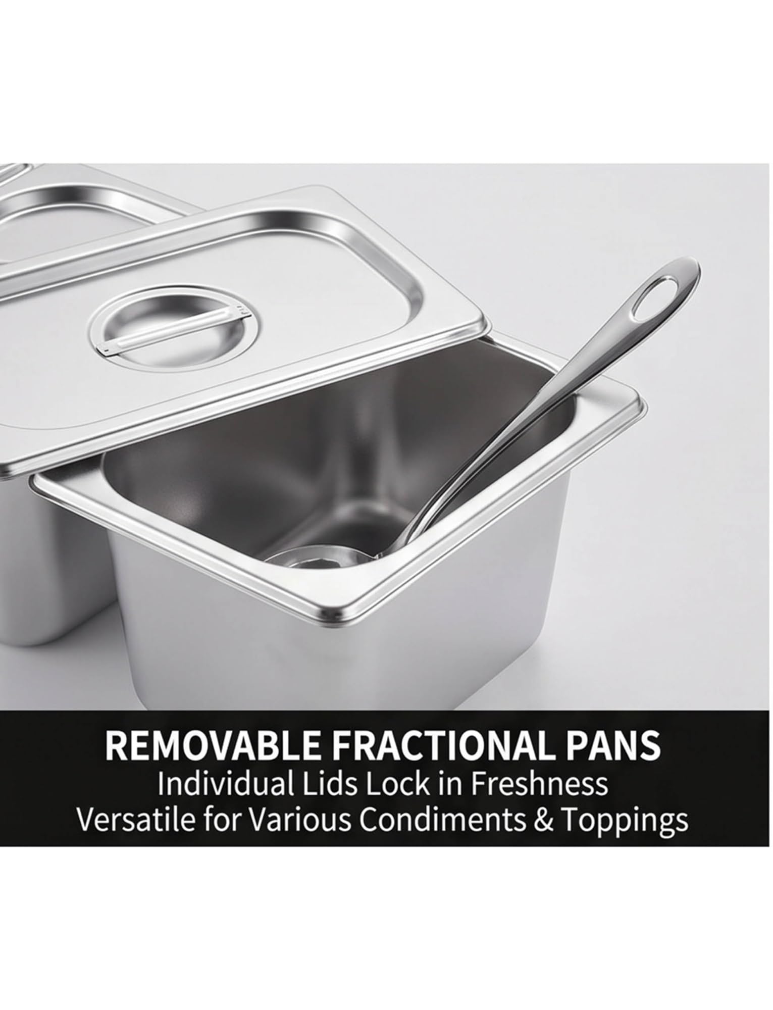 Stazione per pizza in acciaio inox, organizer per condimenti a 8 scomparti con coperchi e cucchiai, padelle angolate rimovibili per buffet o insalate, design facile da pulire