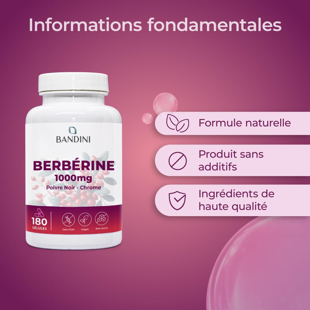 Bandini® Berbérine 1000 mg - 180 gélules pour 3 mois - Berberis Aristata | avec Chrome et Poivre noir naturel - Haute absorption - Vegan, Sans Additifs - Extrait concentré de Racine Berberis Vulgaris