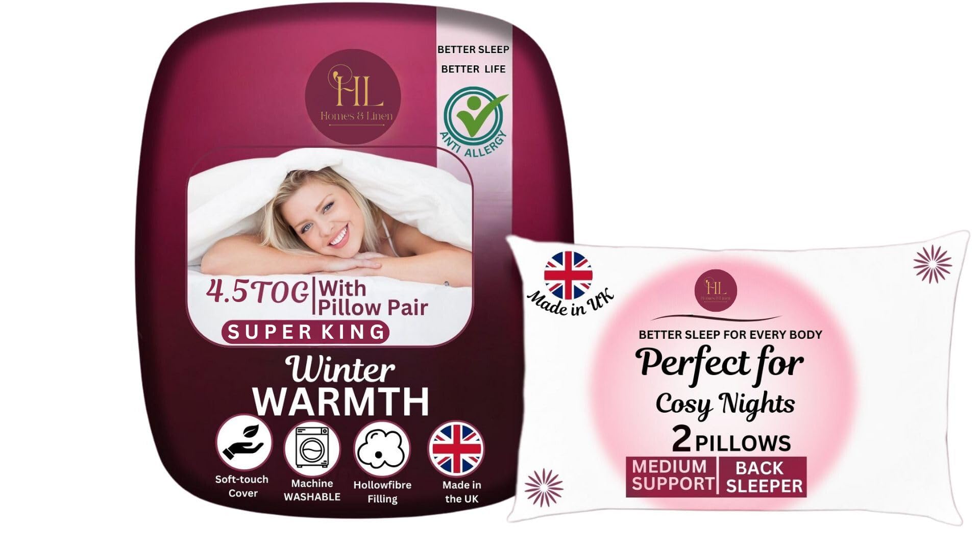 HOMES-LINEN Quilts Polycotton Soft Hollowfibre Duvet Quilt With 2 Huge Pillows Luxurious Warm Quilt for Homes and Hotels (4.5 Tog, Super King + Pair Pillow)