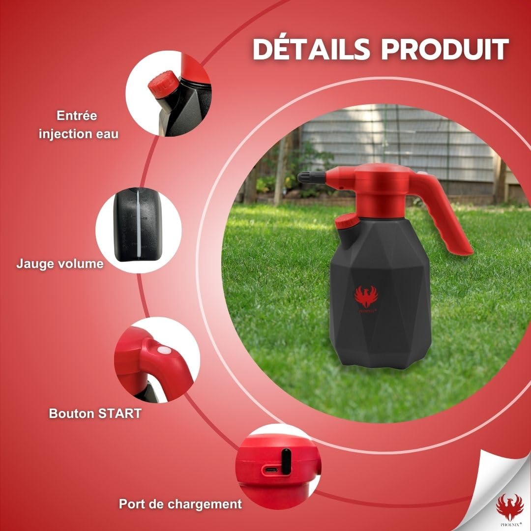 Phoenix - Pulvérisateur Électrique Easy Sprayer 2L | Pulvérisateur à Batterie Rechargeable, Grande Autonomie Jusqu'à 3H | Pulvérisateur de Jardin Électrique en ABS/HDPE | Léger et Durable