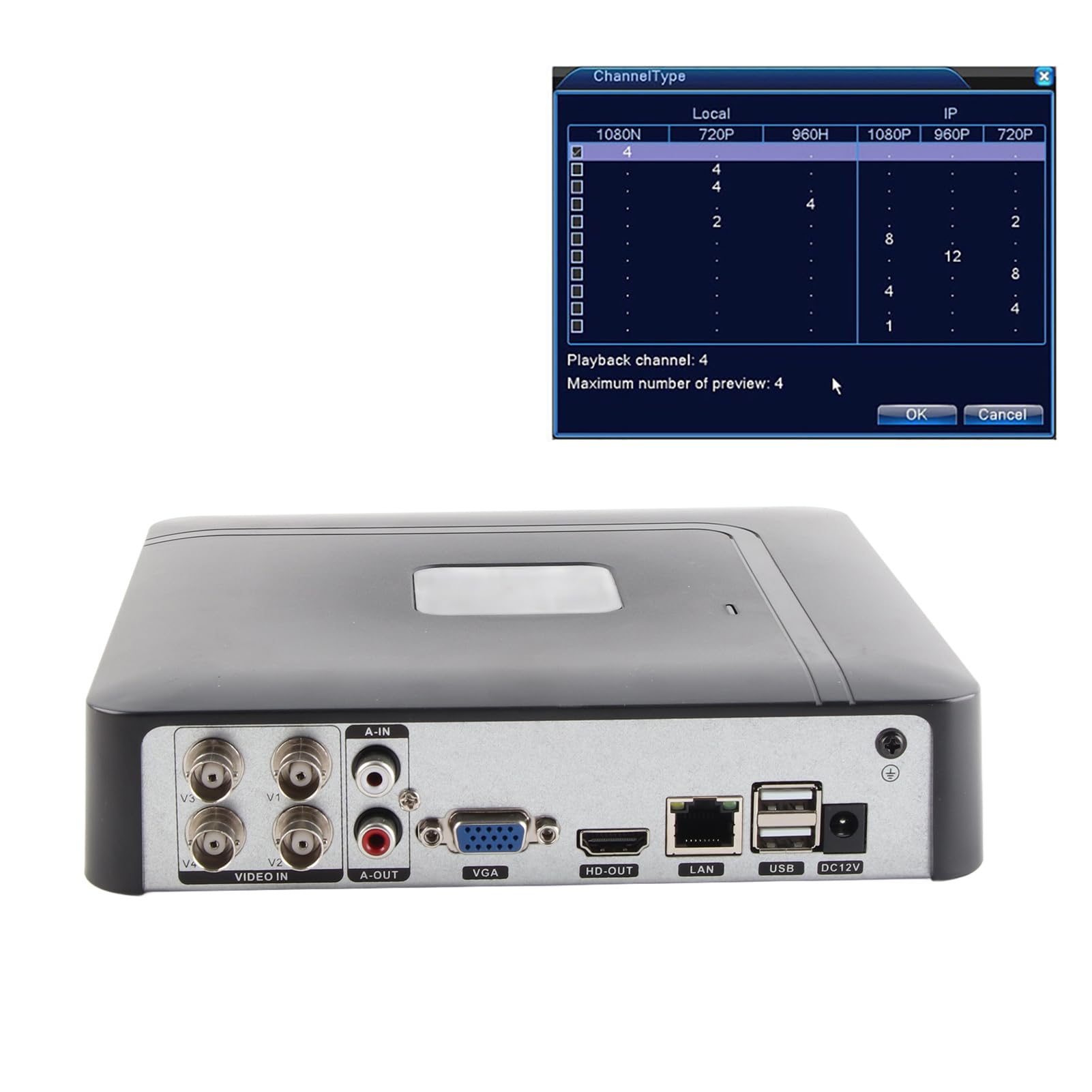 Enregistreur CCTV de sécurité 4 canaux 4CH CCTV de sécurité AHD/CVI/TVI/DVR/NVR Enregistreur vidéo en Temps réel 5-en-1 100-240V(100-240V EU)