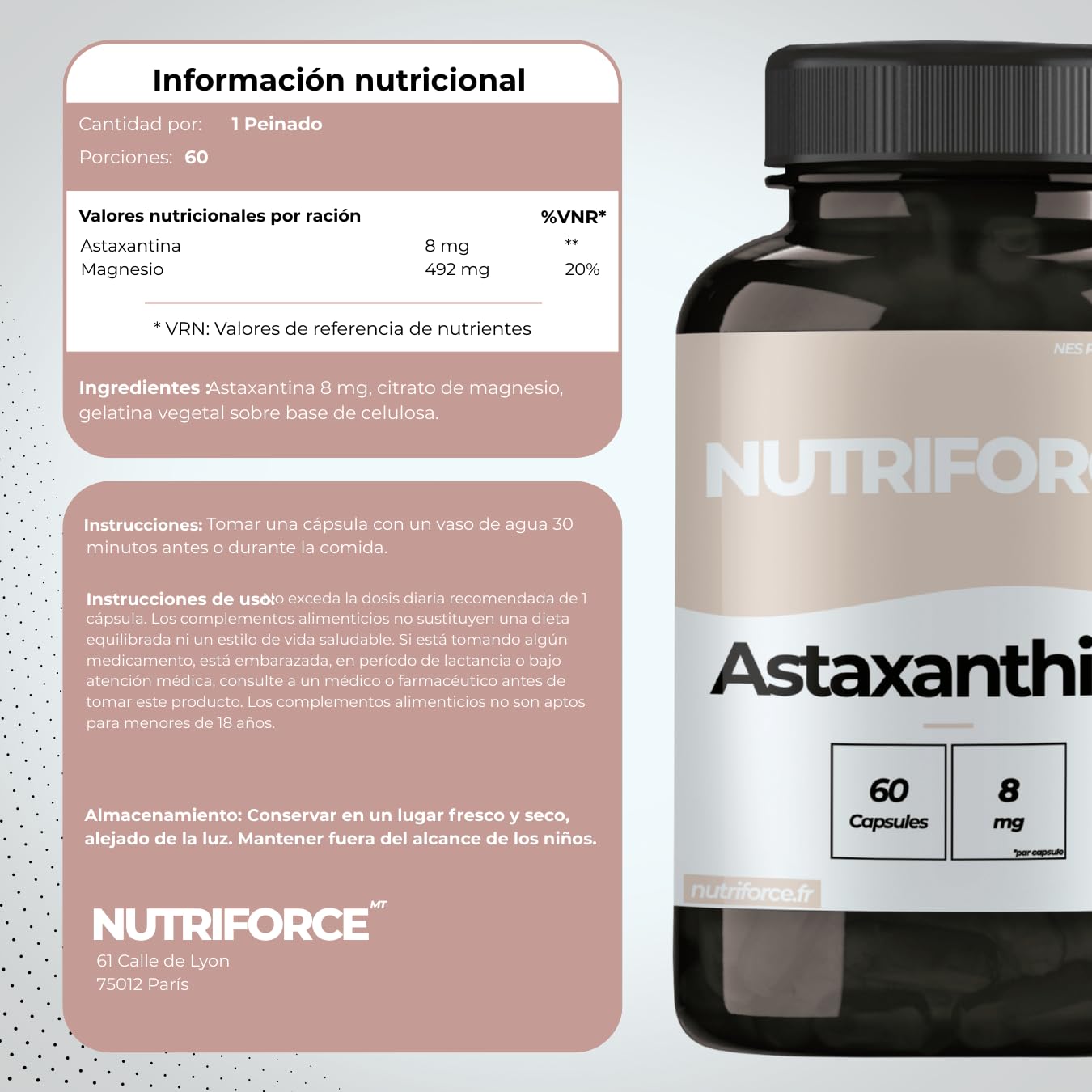 Astaxantina Alta Potencia – Antioxidante Natural – Piel, Ojos, Energía y Sistema Inmunitario – Cápsulas – Fabricado en Francia