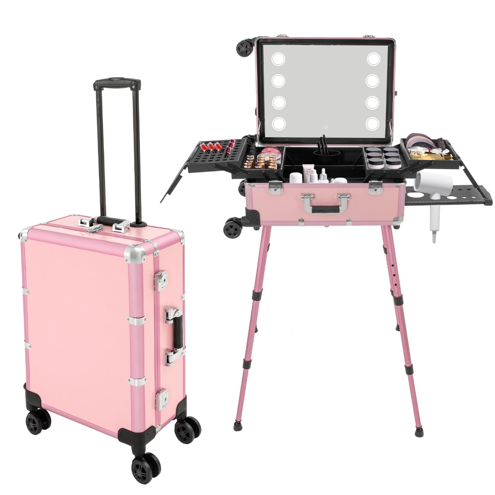Maletín de maquillaje con ruedas con luces de espejo, estuche de transporte de maquillaje profesional para artistas, organizador de cosméticos, organizador de uñas, patas ajustables y brillo,