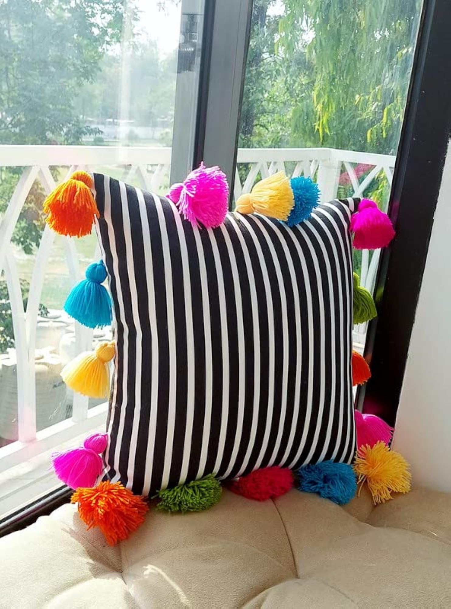 Boho Multicolour Black Cushion Cover (12X12)